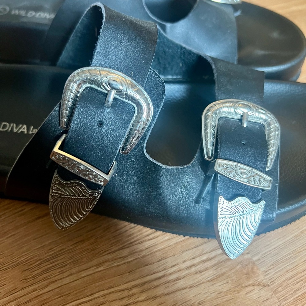 Wild Diva Black Sandals with Silver Buckles - Picture 2 of 4